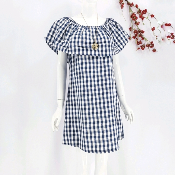 NEW Navy Gingham Checkered Off-Shoulder Dress - Picture 4 of 11